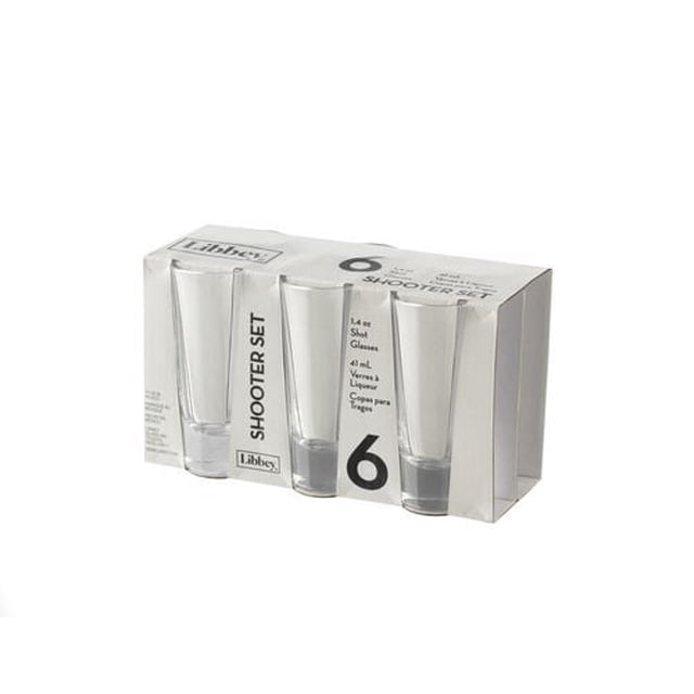 Libbey Glass Shooter Set includes six clear 1.4-ounce (44.4 mL) shot glasses with a heavy base and slim silhouette, packaged in a white box labeled with brand and quantity, ideal for mixing cocktails or layering specialty shots.