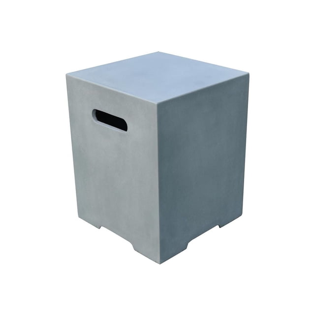 Elementi Square Propane Tank Cover in smooth gray glass-fiber reinforced concrete with a rectangular side handle cutout, designed to conceal propane tanks and serve as a side table or stool for outdoor fire pit setups, measuring 15.7 by 15.7 by 20 inches and weather-resistant.