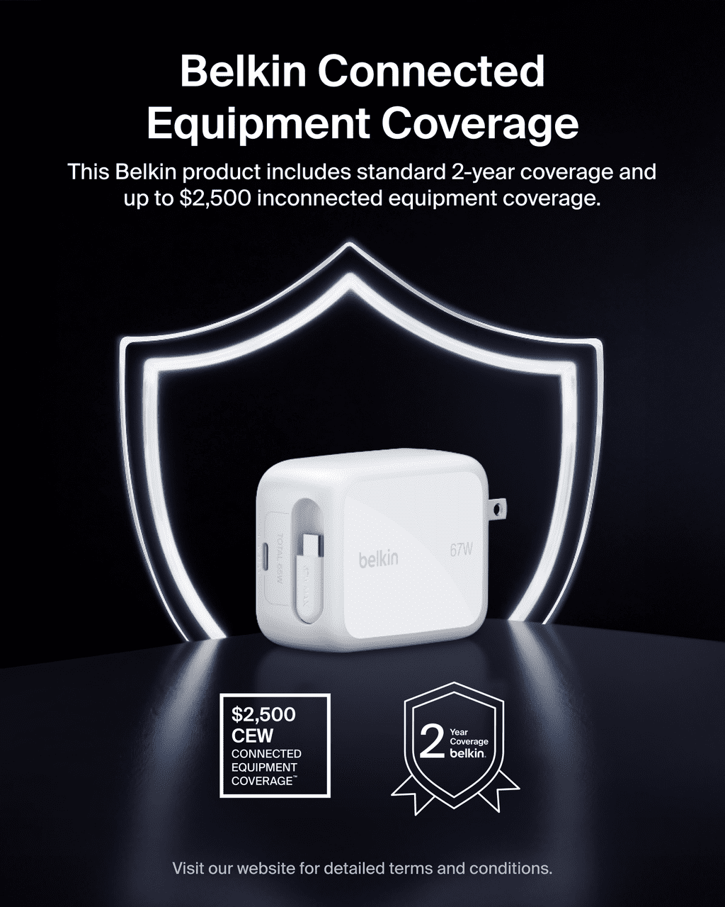 Belkin Chargeur mural 67 W à double ports USB-C avec câble USB-C rétractable (75 cm / 29,5 po), blanc