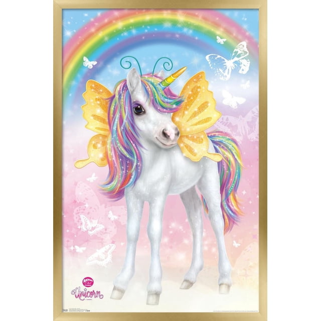Boîte de Nuit d'Animaux - Affiche Murale de Licorne, Affiche Encadrée 14,725 Pouces x 22,375 Pouces Montrant une Licorne Blanche avec une Crinière et une Queue aux Couleurs de l'Arc-en-ciel, des Ailes de Papillon Dorées et une Corne Jaune-Vert, sur un Fond pastel Rose et Bleu avec des Papillons Arc-en-Ciel et Blancs, Idéale pour la Décoration de Chambre d'Enfants Ou de Fête.