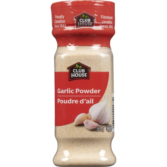 Club House, Quality Natural Herbs & Spices, Garlic Powder, 165g bottle with red cap and label featuring garlic cloves illustration, proudly Canadian since 1883, ideal for seasoning soups, stews, and Mediterranean dishes.
