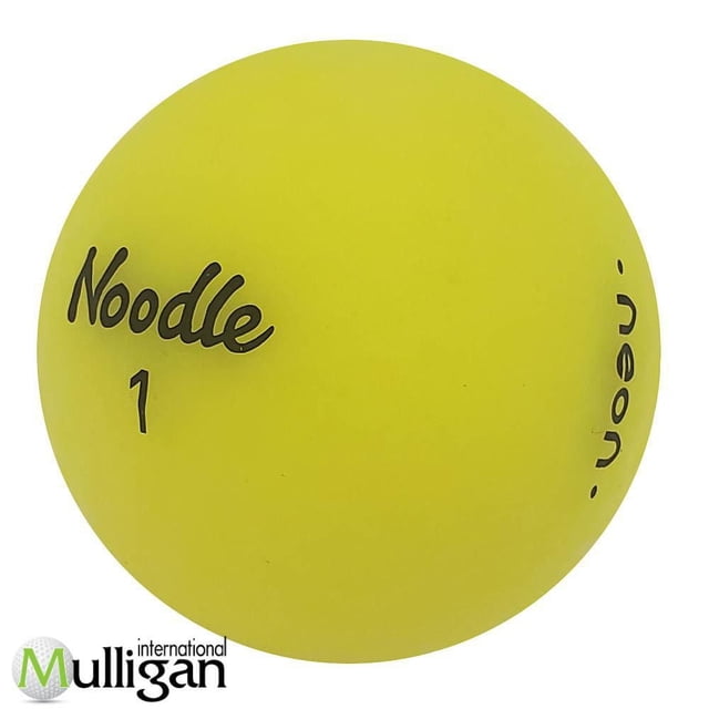 Mulligan - 36 Noodle Neon Matte 4A Recycled Used Golf Balls, Yellow showing a close-up of a single matte yellow recycled golf ball with black 'Noodle' and '.neon.' text, designed for excellent tee-to-green distance, soft feel, and near-green control, also suitable for practice use.