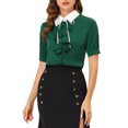 thumbnail image 1 of INSPIRE CHIC Women's Contrast Collar Tie Ruffle Front Button Short Sleeve Work Shirt XS Dark Green, 1 of 6