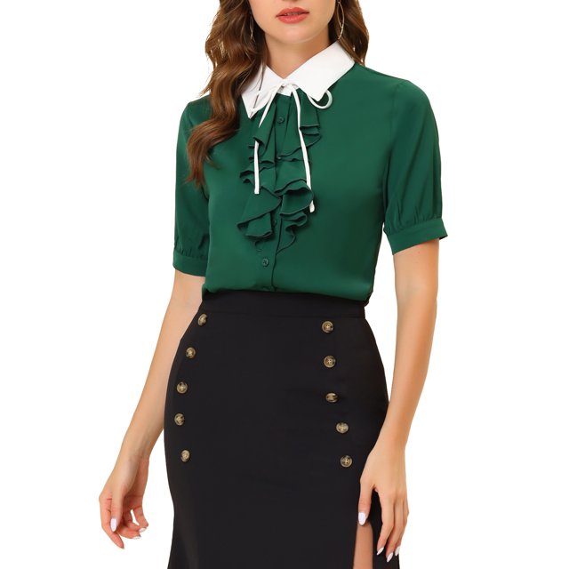 INSPIRE CHIC Women's Contrast Collar Tie Ruffle Front Button Short Sleeve Work Shirt XS Dark Green
