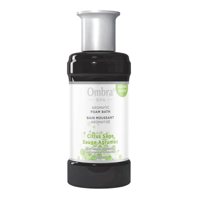 Ombra Aromatic Citrus Sage Foam Bath in a 500ml black and white bottle with silver pump, containing natural citrus, sage, and herbal extracts for a refreshing bubble bath that soothes muscles and relieves stress, suitable for bath and body care.
