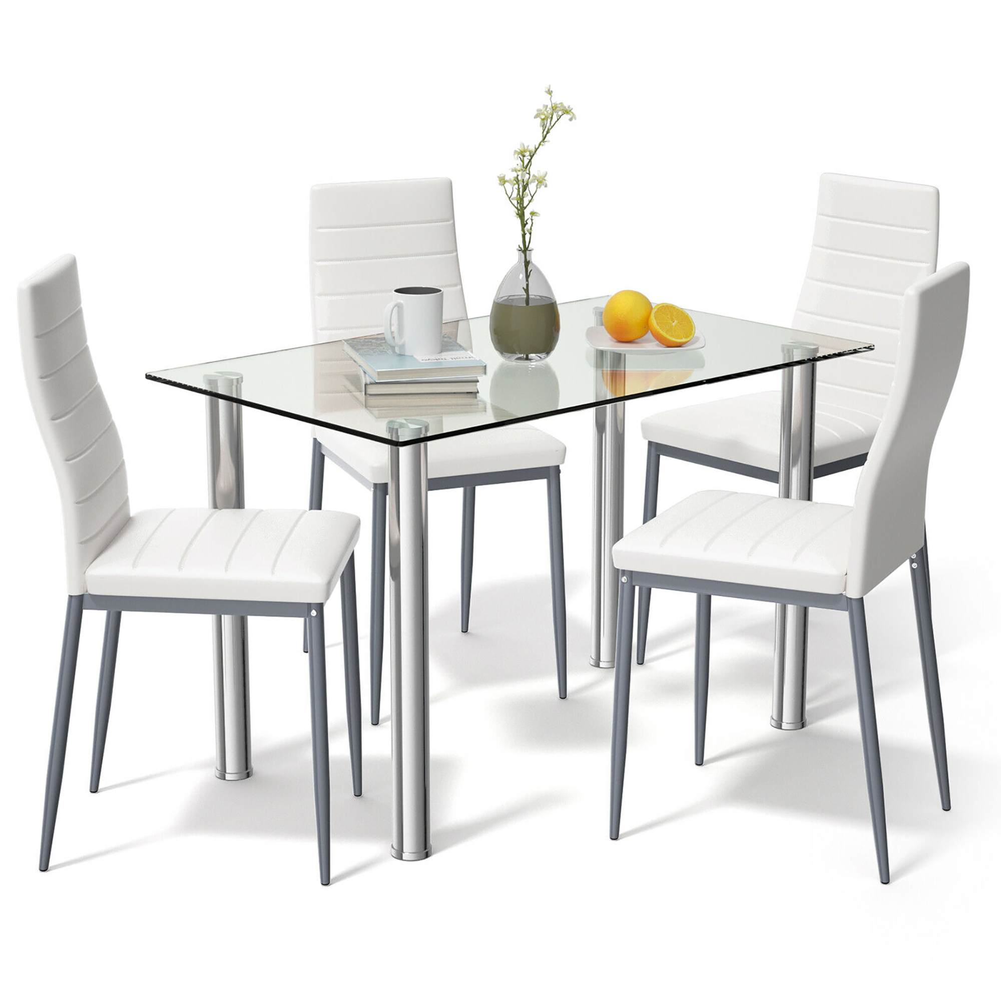 Costway 5pcs Dining Set Table & 4 Chairs Glass Metal Kitchen Breakfast Furniture