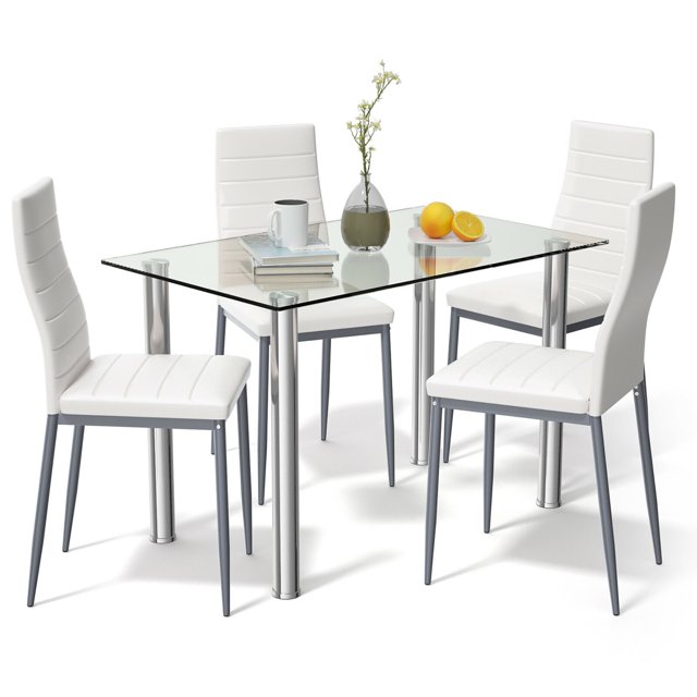 Costway 5pcs Dining Set Table & 4 Chairs Glass Metal Kitchen Breakfast Furniture