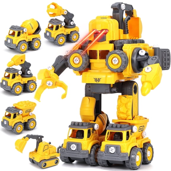 Oulepu-US 5-in-1 Transformer Robot Toys, DIY Construction Toys Truck Take Apart Toys with Light for Kids, Excavator Toys STEM Educational Toys for Boys Girls Kids Birthday Gifts