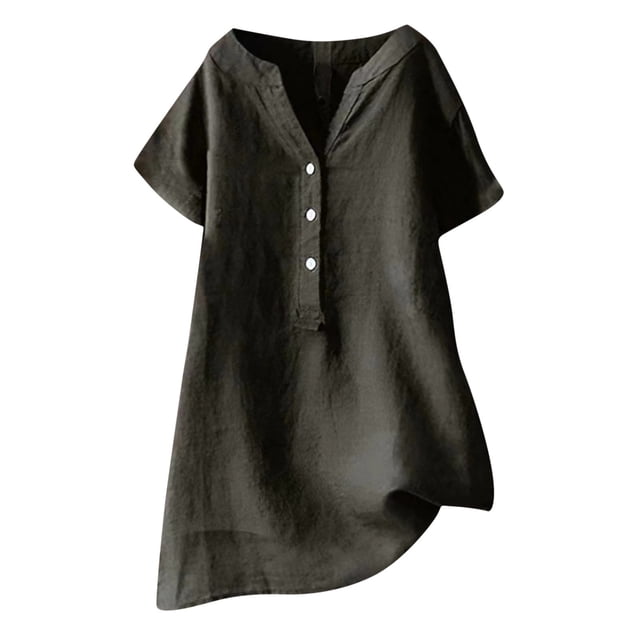 Timegard Womens Cotton Linen Tops Plus Size Notched V Neck Button Short Sleeve Casual Loose Tee Shirts