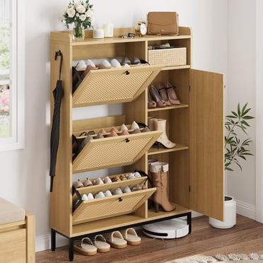 Armoire à Chaussures en Rotin avec 3 Tiroirs Basculants et Armoire de Rangement à Chaussures à 4 Niveaux, Organisateur de Chaussures Autoportant avec Tablettes Ajustables pour Entrée, Garde-Robe, Couloir (Chêne Clair)