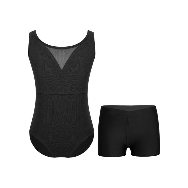 Moggemol Kids Girls Sheer Mesh Patchwork V-Back Dance Unitards Solid Color Sleeveless Bodysuit with Botty Shorts Set Black 6