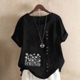 thumbnail image 1 of Staron Hauts Tendance pour Femmes 2025 Liquidation à Moins de 5 $ T-Shirts d'Été Habillés en Coton et Lin à Col Rond Manches Courtes Retroussées Décontractés Grande Taille Amples à Imprimé Floral, 1 of 4