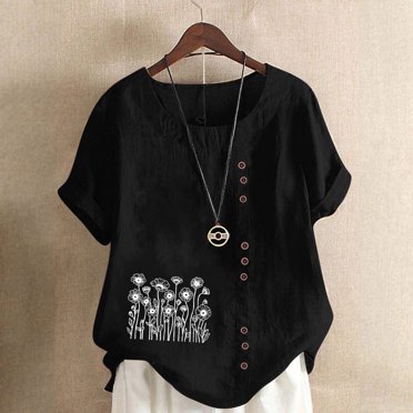 Staron Trendy Tops for Women 2025 Clearance Under $5 Cotton Linen Dressy Summer Round Neck T-Shirts Roll Up Short Sleeve Casual Plus Size Loose Floral Print Shirts