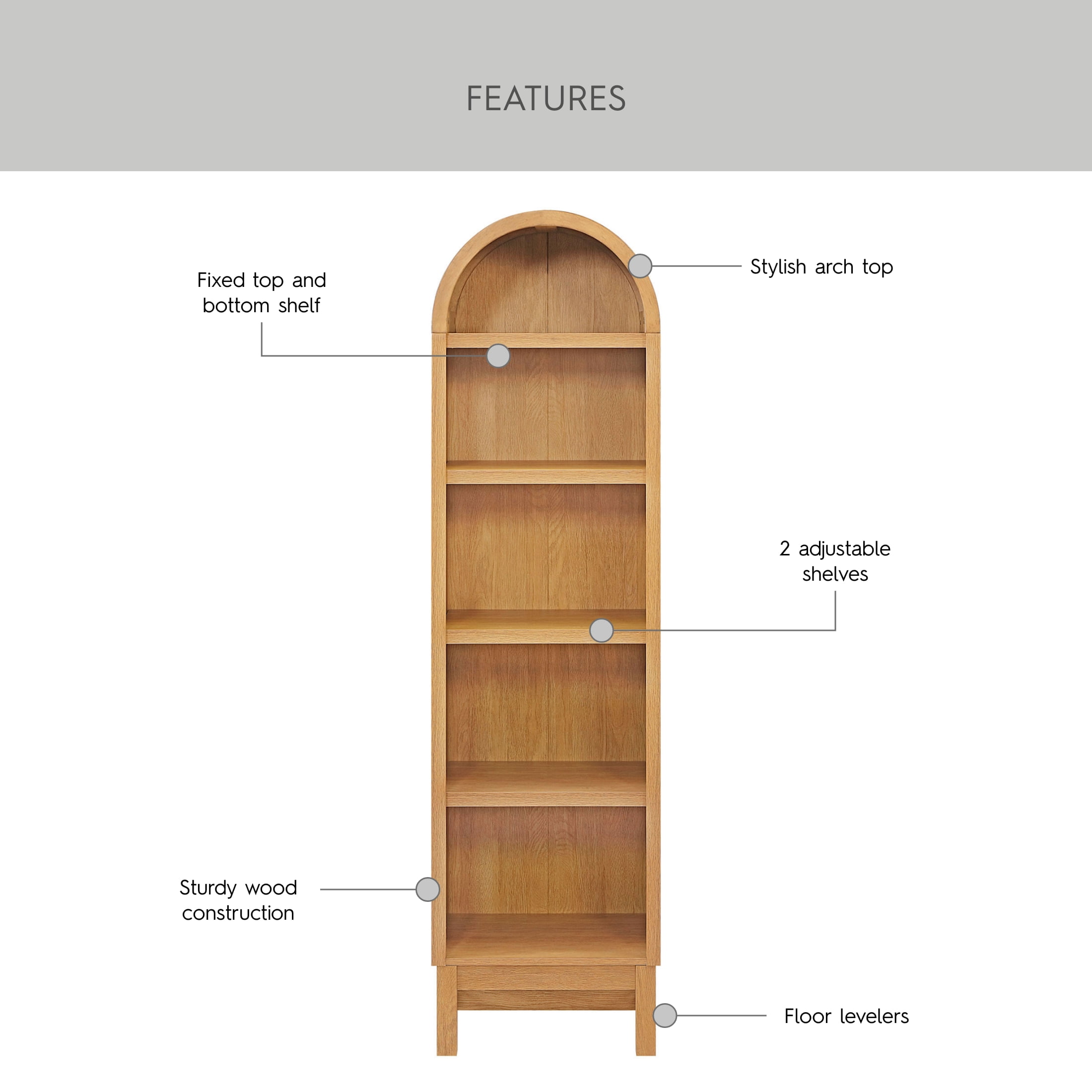 Better Homes & Gardens Juliet Narrow Arch Bookcase, Light Honey, for Adults