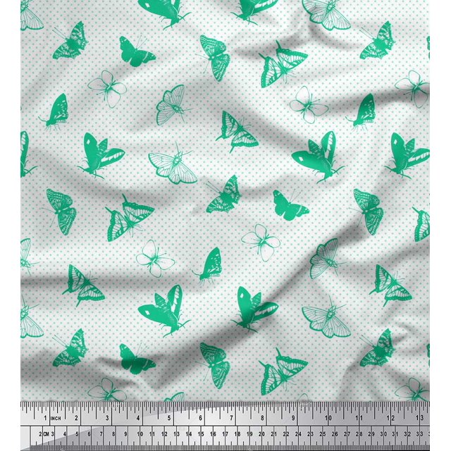 Soimoi Green polyester Crepe Fabric Dot & Butterfly Printed Fabric 1 Yard 42 Inch Wide