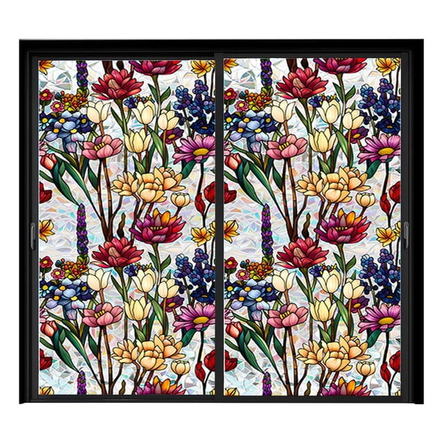 Rainbow Floral Static Cling Window Film Removable Decal for Glass Door Privacy No Botanical Design