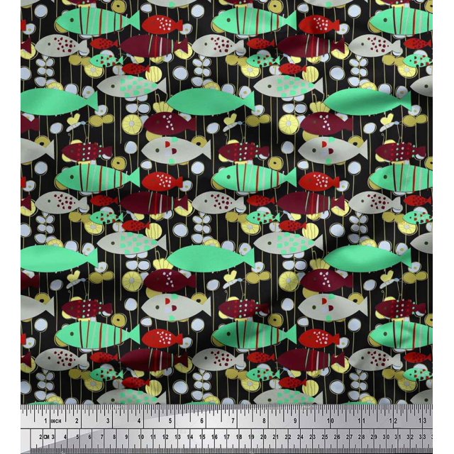 Soimoi Polyester Crepe Fabric Fish Cartoon Print Fabric by Yard 52 Inch Wide