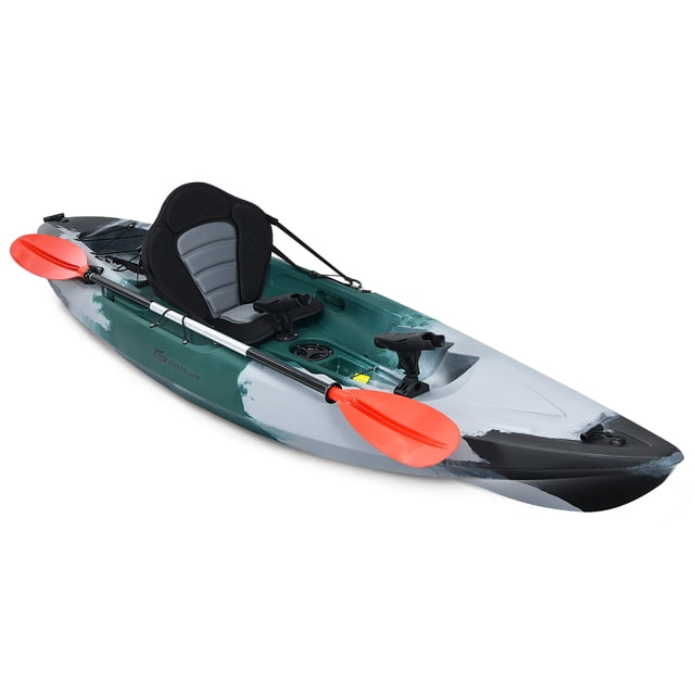 Costway Single Sit-on-Top Fishing Kayak in a gray and green finish, featuring a padded seat, two removable and steering fishing rod holders, and two flush-mounted rod holders. Includes a detachable double-head aluminum paddle with red blades. Designed with a watertight storage hatch, a kettle trough, and a large storage box with bungee straps for ample storage. The kayak has a V-chine hull for stability and a 4-position footrest to accommodate users of different heights. Suitable for fishing, drifting, and sightseeing, with a weight capacity of 276 lbs.