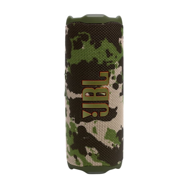 JBL Flip 7 portable waterproof and drop-proof Bluetooth speaker in camouflage fabric mesh with green, black, and beige tones and an orange JBL logo on the front, shown front-facing on a white background, suitable for outdoor and rugged environments.
