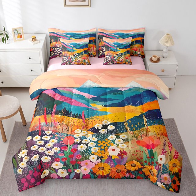 Erosebridal Woodland Flower Bedding Sets Queen Size, Groovy Daisy Comforter Sets with Sheets, Rustic Plant Decor, Reversible 7pcs