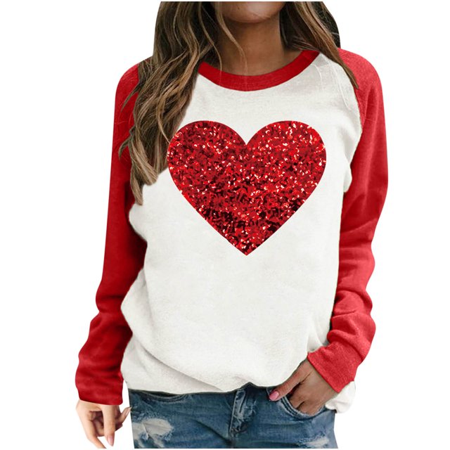 RKSTN Chandail de la Saint-Valentin pour Femmes, Chandail à la Mode avec Lettres et Cœurs Imprimés, Manches Longues, Col Rond, Hauts à Empiècements