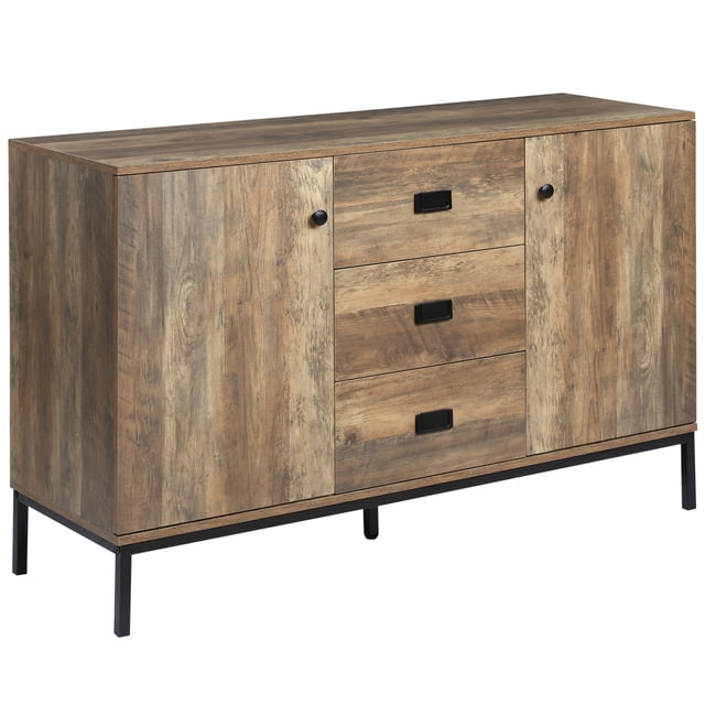 HOMCOM Buffet Industriel, Armoire de Rangement, Meuble d'Appoint en Brun avec Effet Bois de Manguier Foncé. Comprend des Armoires à Deux Portes et Trois Tiroirs pour un Grand Rangement, des Tablettes Ajustables pour un Espace Personnalisable, et des Pieds en Métal Robustes. Convient pour la Cuisine, la Salle à Manger Ou le Salon comme table Basse, Armoire de bar Ou console Télé. Dimensions : 47,25 Pouces de Large, 15,5 Pouces de Profondeur et 30,25 Pouces de Hauteur.