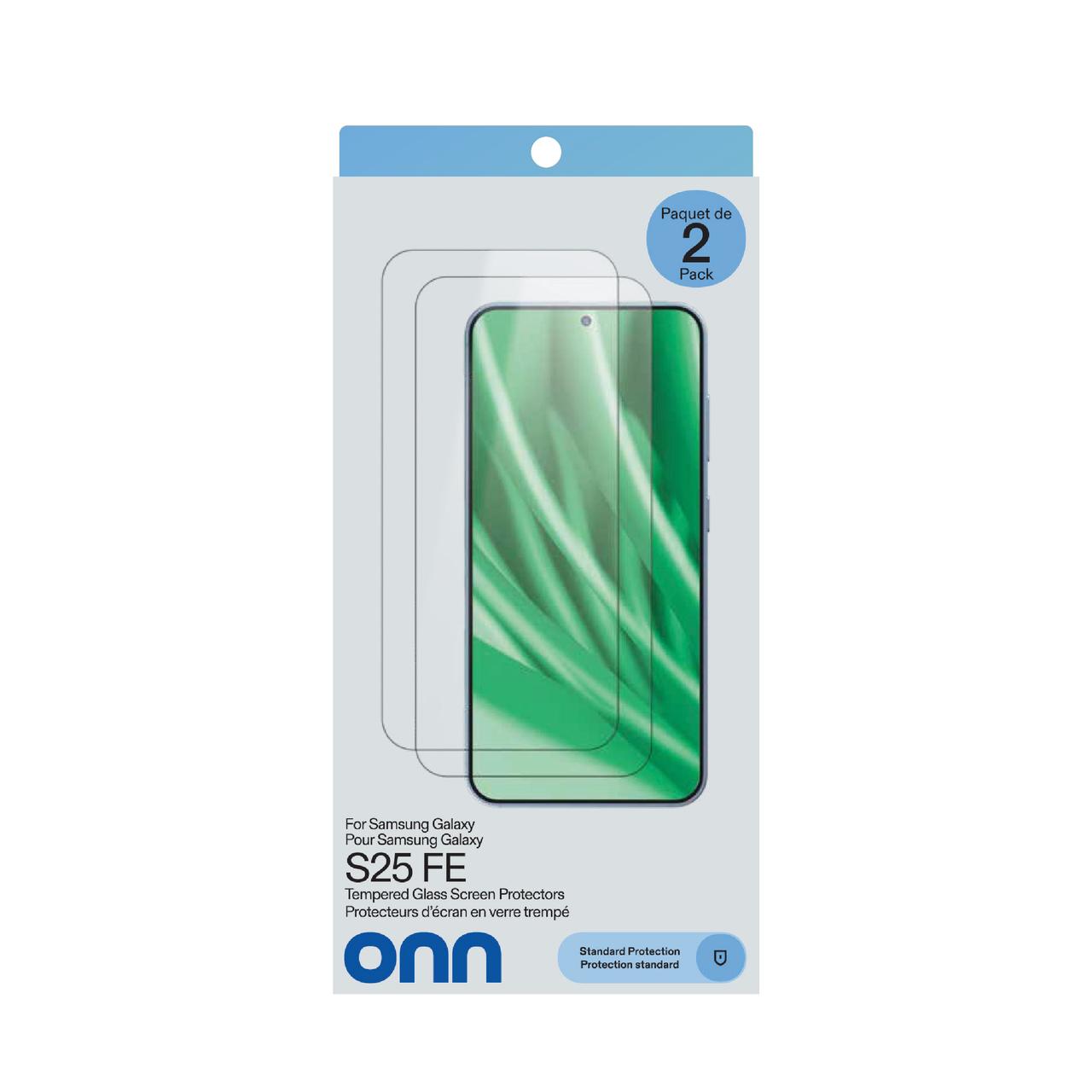 onn 2-Pack Tempered Glass Screen Protectors for Samsung Galaxy S25 FE, Standard Drop & Scratch Protection, Includes Easy Application Frame