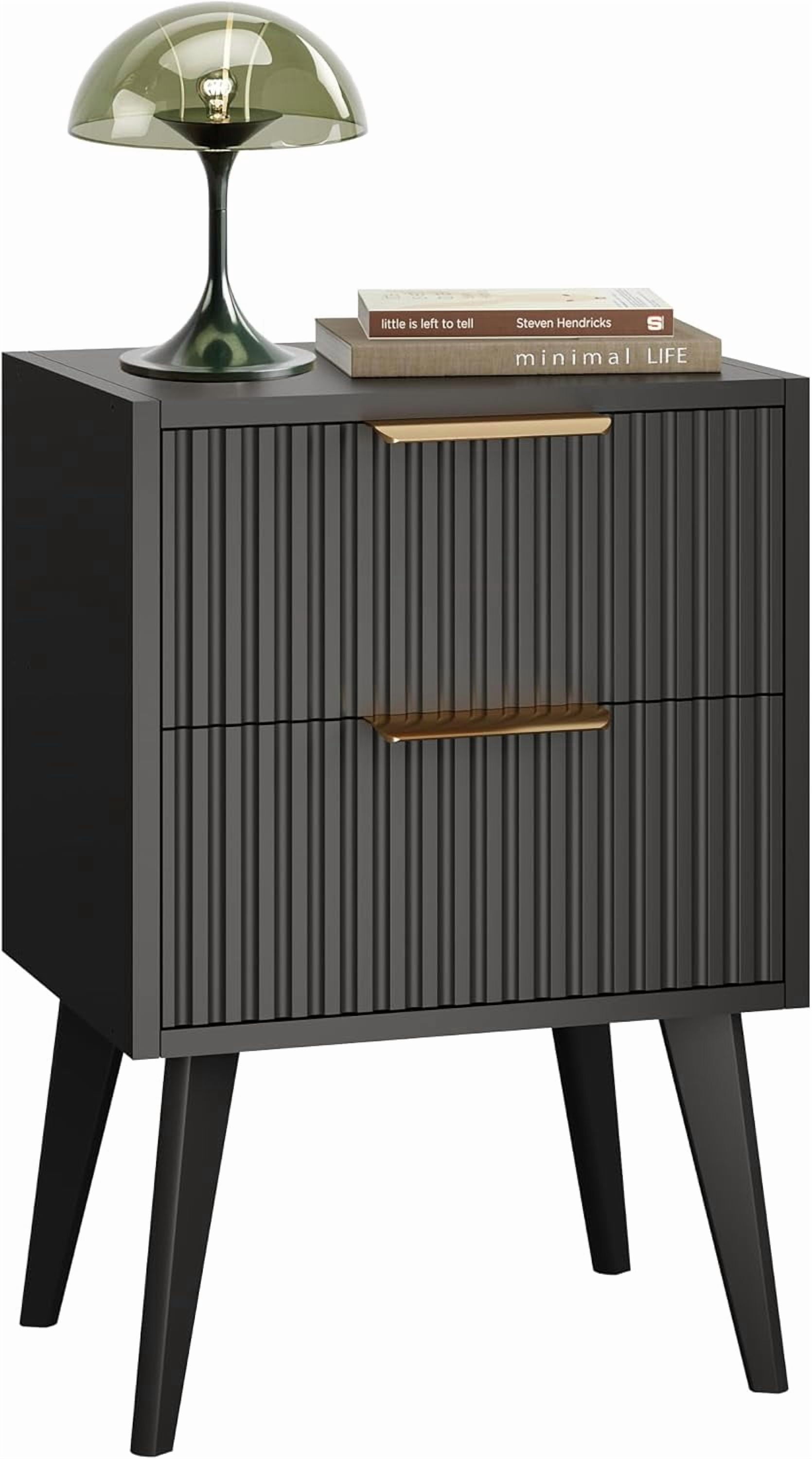 Black Mid-Century Nightstand with Fluted Panels & Solid Wood Legs, 2-Drawer Storage Bedside End Table, 11.8"×15.7"×22.8" Compact Side Table for Bedroom Living Room Small Spaces