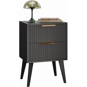 Black Mid-Century Nightstand with Fluted Panels & Solid Wood Legs, 2-Drawer Storage Bedside End Table, 11.8"×15.7"×22.8" Compact Side Table for Bedroom Living Room Small Spaces