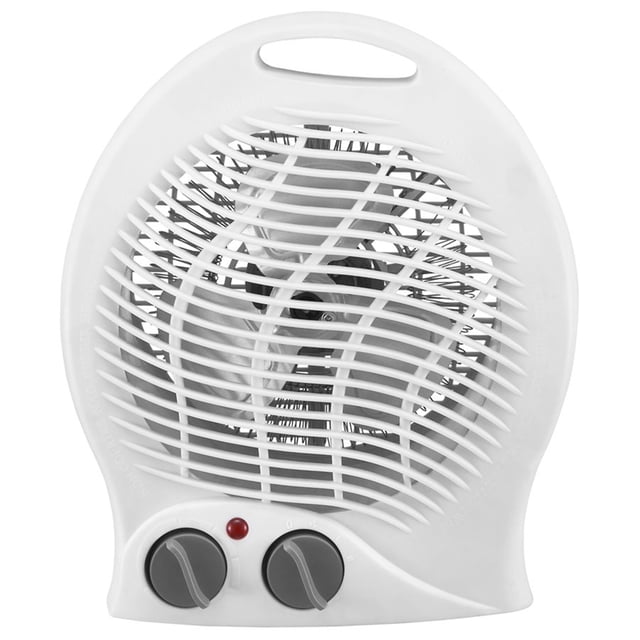 Hauz - 12" Portable Fan + Heater, Adjustable Thermostat, 1500W, White centered front view of a compact 12-inch white fan-heater with circular protective grille, visible control dial and ON/OFF indicator light, integrated top handle and rear vents, tabletop design for small rooms or office use; also suitable for travel as a supplemental heater.