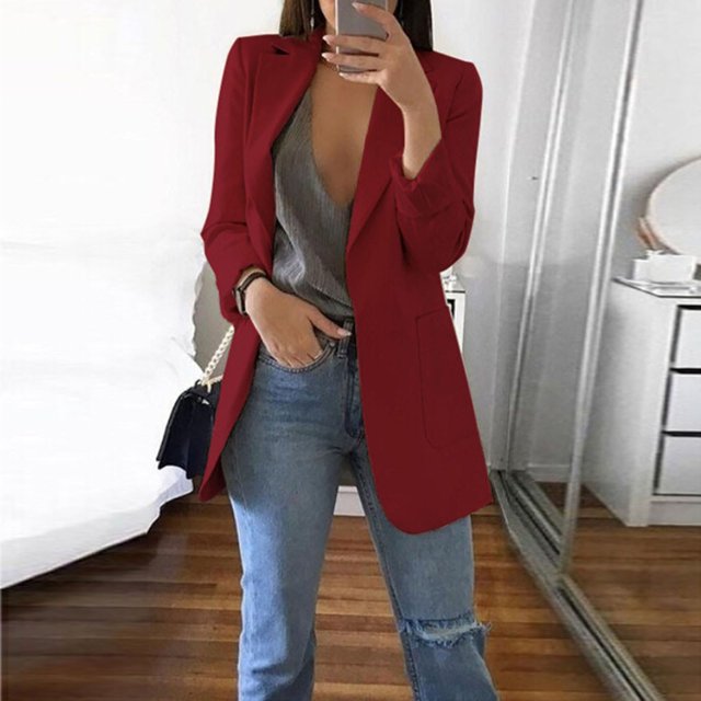 EGNMCR Womens Casual Loose Blazers Solid Color Long Sleeve Cardigans with Pockets Work Office Jacket Blazer