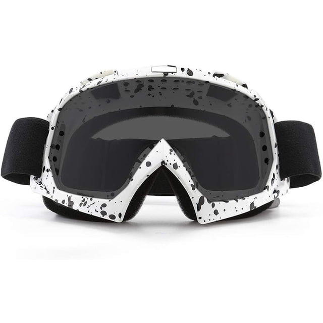GHSDFBB Motorcycle Goggles designed for ATV dirt bike and off-road racing. These goggles feature a white frame with black splatter patterns, UV400 acetate lenses, and a circular ventilation design to reduce fogging. The lightweight 129g build includes a 0.6-inch thick sponge for warmth and comfort, even in winter conditions. Equipped with a double buckle adjustable strap for a secure fit, the TPU frame is flexible and durable, offering protection against wind, dust, and UV rays.