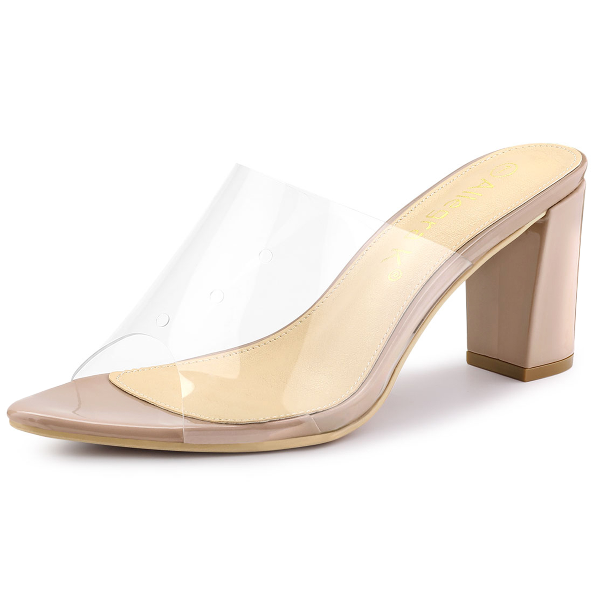 BLISSFUL STEP Mules à Talon Bloc Haut à Bout Pointu Transparent pour Femmes Sandales Slides Nude 9.5