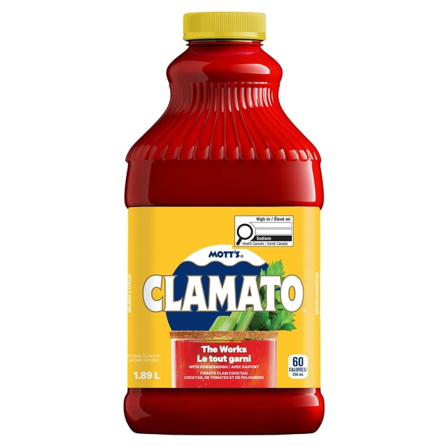 Mott's Clamato The Works cocktail mix in a 1.89 L red plastic bottle with a yellow label and cap, featuring celery and parsley graphics, a high sodium warning, and 60 calories per 250 ml serving, suitable for savoury cocktails or non-alcoholic drinks.