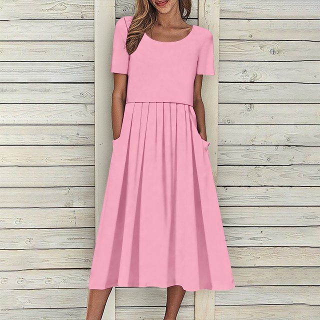 Robes d'Été pour Femmes 2025 Zeophrasy Robe de Vacances Décontractée pour Femmes, Fête, Quotidien, Plissée, Col Rond, Unie, Manches Courtes, avec Poche, Liquidation à Moins de 5
