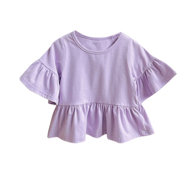MeetoTime Kids T-shirt Casual Solid Color Ruffle Sleeve Round Neck Blouses for Baby Girls 2-8 Years