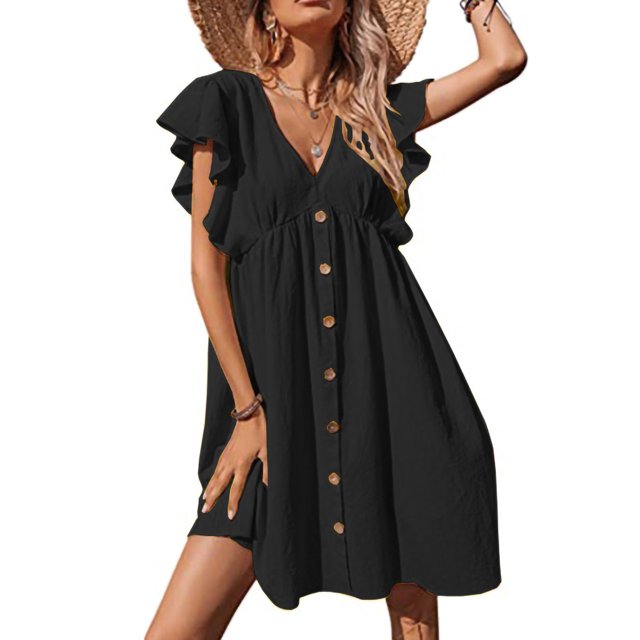 Bellella Robe Mini pour Femmes, Volants, Robes Courtes, Col en V, Robe d'Été, Décontractée, Manches, Femme, Noir, TG