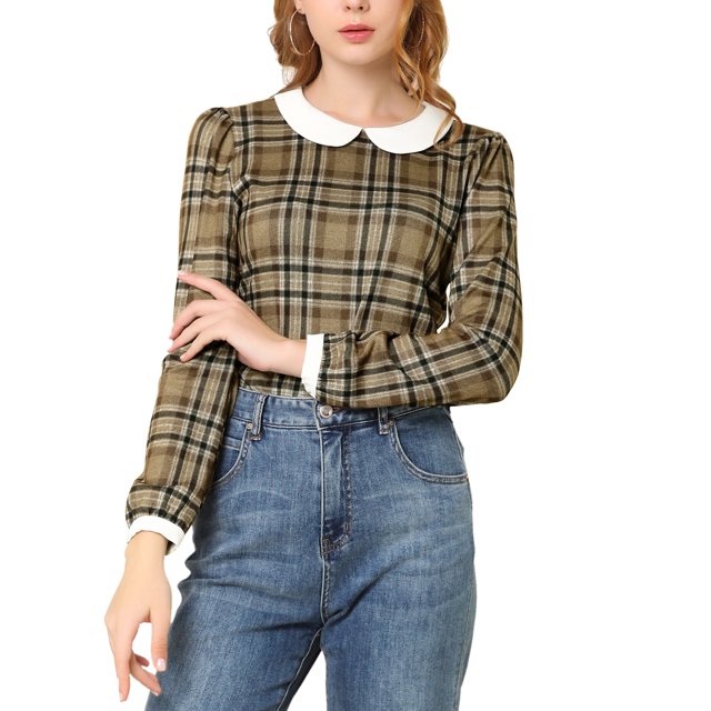INSPIRE CHIC Chemise à Carreaux à Manches Longues Contrastées pour Femme à Col Peter Pan