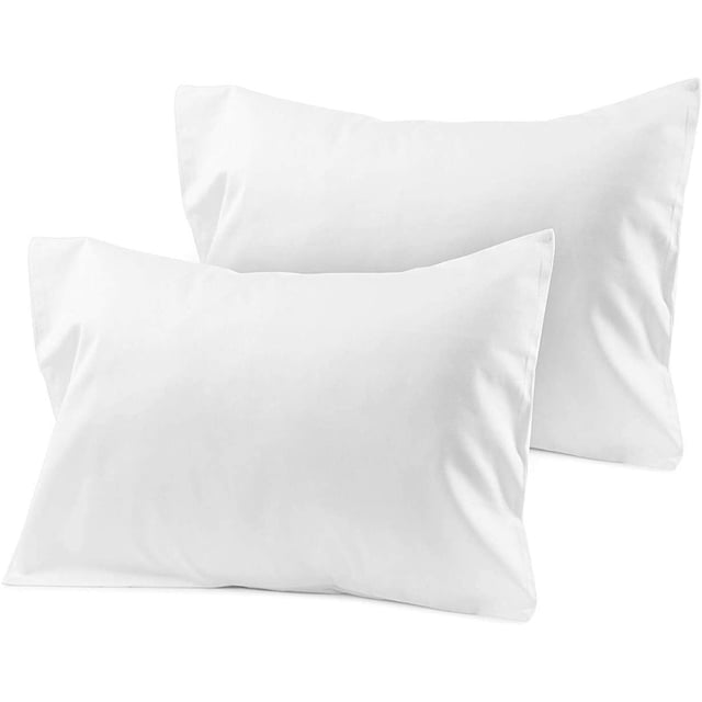 Cotton Metrics Travel Pillowcase Set of 2 Toddler Pillowcase with zipper closure, made from 100% organic cotton with an 800 thread count sateen fabric. These white pillowcases measure 12 x 16 inches and are designed for travel-sized toddler pillows. The set includes two soft, breathable, and durable pillow covers, ideal for kids' bedding in bedrooms, guest rooms, or vacation homes.