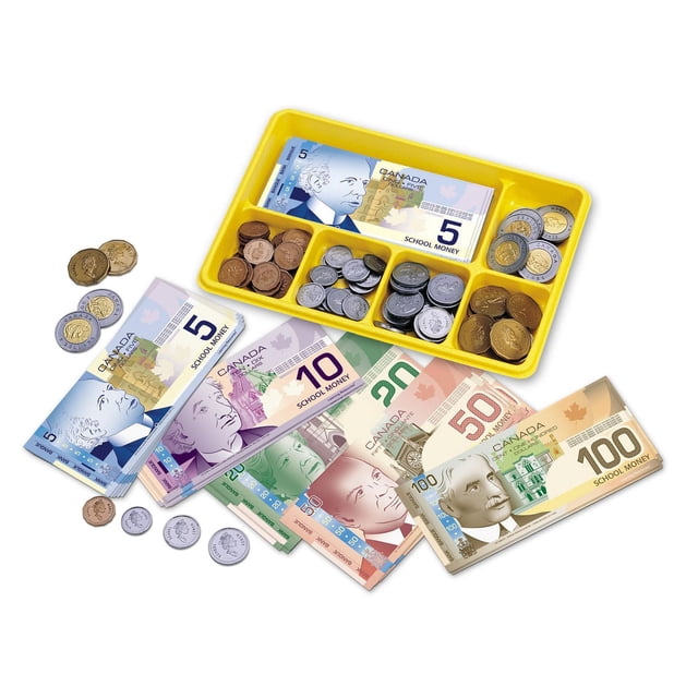 Canadian Currency X-Change Activity Set, Play Money, 211 Pieces, Ages 5+ with realistic Canadian play bills in 5, 10, 20, 50, and 100 denominations and assorted coins organized in a yellow sectioned tray, suitable for teaching money skills and enhancing pretend grocery and shopping play.