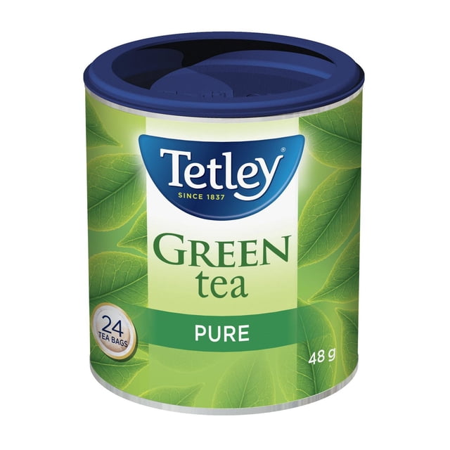 Tetley Pure Green Tea container with a blue lid and green label decorated with tea leaves, containing 24 tea bags and 48 grams, produced in the Chinese tradition with gently pan-fried leaves for pure green tea flavour.