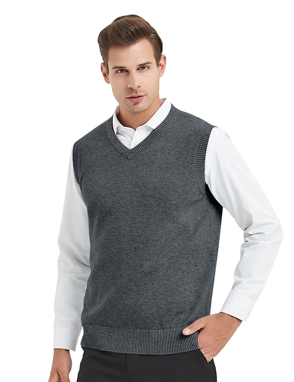 TOPTIE Chandail Sans Manches Uni pour Homme, Coupe en Coton Décontractée - Charbon - L
