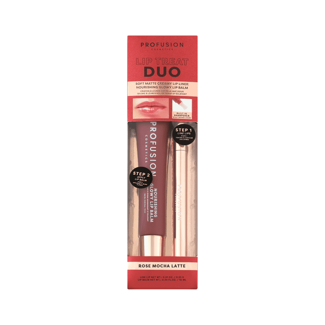 Lip Treat Duo - Rose Mocha Latte by Profusion Cosmetics features a soft matte creamy lip liner and nourishing tinted lip balm in a slim red and beige package with clear window showing mauve lip balm tube and matching lip liner pencil, designed for lip definition, hydration, and a tinted glossy finish.