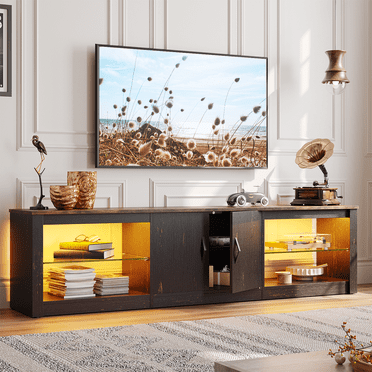 Bestier Meuble Télé 70 Po pour Téléviseurs jusqu'à 75 Po avec Porte et Étagères en Verre Ajustables, Noir Doré