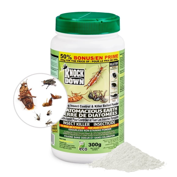 KNOCK DOWN - Diatomaceous Earth Insect Killer, Flea, Ant, Silverfish, Bed Bug Killer and Cockroach Killer Indoor and Outdoor Use, Food Grade Diatomaceous Earth Powder with Bait, 300g