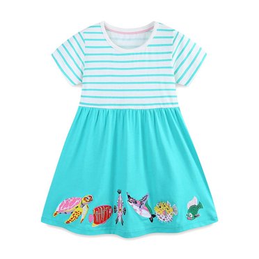 WEAIXIMIUNG Robes pour Enfants 10-12 Vert Robe de Princesse Brodée pour Filles avec Appliqués sous la Mer / Tricot de Coton à Manches Courtes Robe d'Été pour Tout-Petits Enfants 3 Ans