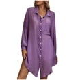 thumbnail image 1 of Robe Chemise Mini d'Été Unie à Manches Longues pour Femme, Col à Revers, Simple Boutonnage, Décontractée, Ample, Blouse, Robe Courte pour Femme, 1 of 7