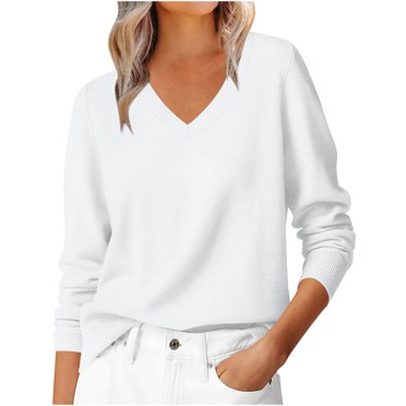 HAiming Chandail à Manches Longues pour Femme Col en V Hauts en Tricot Décontractés Doux Classique Chandail à Enfiler Vêtements de Printemps Blanc P