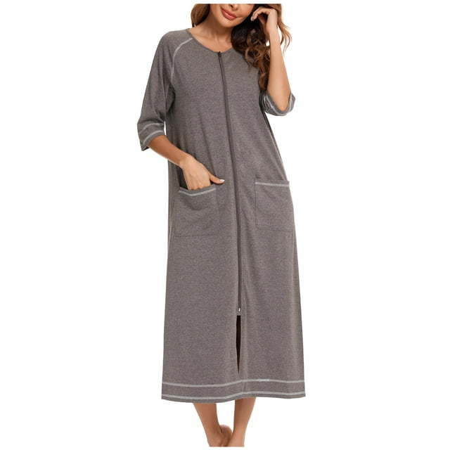 yievot Robe de Maison pour Femmes Longue à Fermeture Éclair devant Peignoirs Chemises de Nuit avec Poches Tenue d'Intérieur