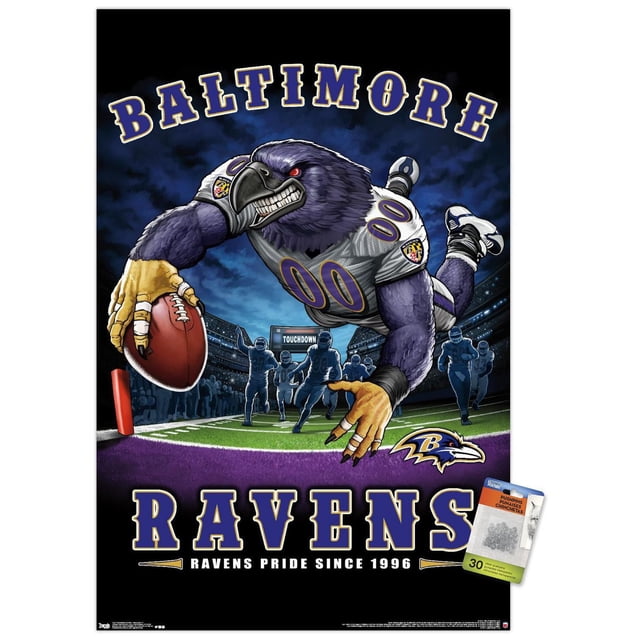 NFL Baltimore Ravens - Affiche Murale End Zone 17, 14,725 Po x 22,375 Po Représentant une Féroce Mascotte Corbeau en Chandail de football Blanc avec Numéro 00 Plongeant pour Marquer un Touché sur un Terrain de football sous un Ciel Bleu Foncé, avec des Joueurs Silhouettés et un Panneau de Touché en Arrière-Plan, Texte Audacieux Violet et or Baltimore Ravens au-Dessus et en Dessous, et le logo d'Équipe Près du
